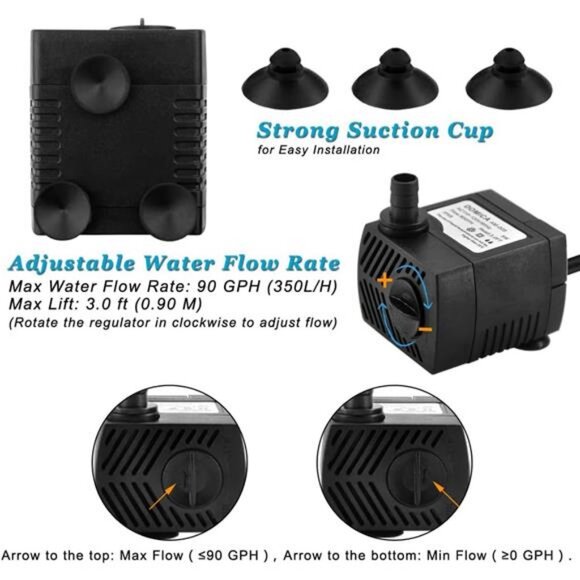 90 GPH Mini Submersible Pump, Small Fountain Pump (5W 350L/H) for water feature - Picture 5 of 7